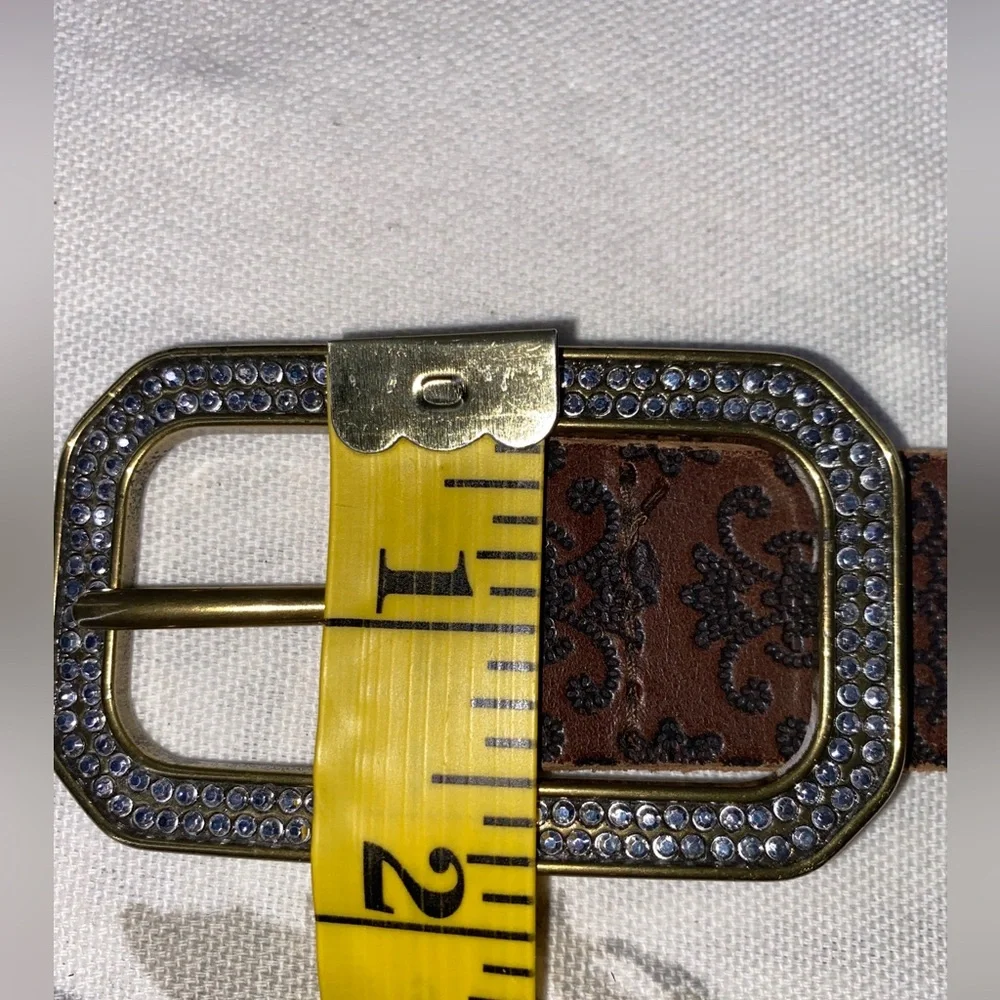 VINTAGE BLING BROWN BELT, ORNATE STAMPED‎ DESIGN LARGE